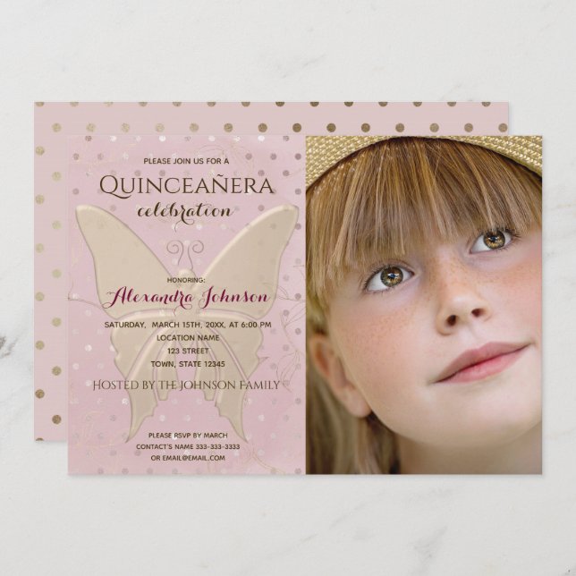Foto Quinceanera Rosa und Goldbarren Einladung (Vorne/Hinten)