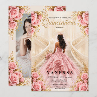 Foto Quinceanera-Rosa- und Goldene Einladung