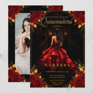 Foto Quinceanera Rot und Goldene Einladung
