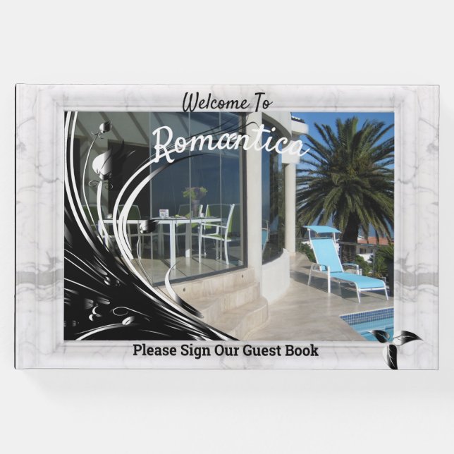 Foto-Rahmen aus weißem Marmor auf schwarz Gästebuch (Vorderseite)