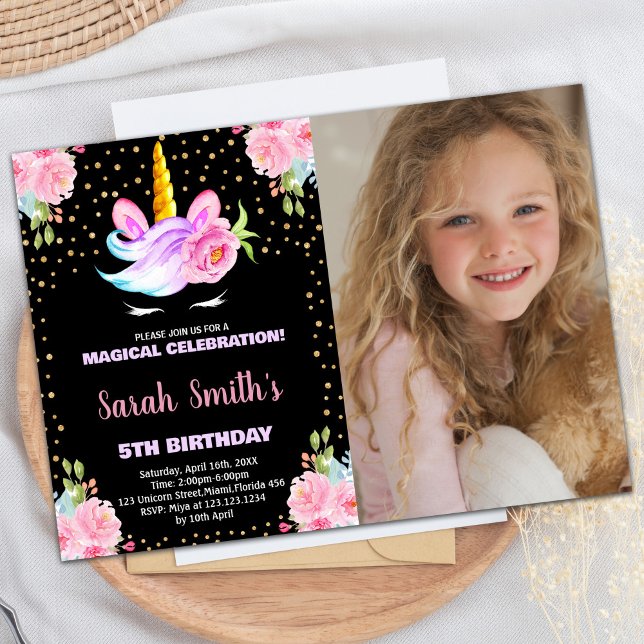 Foto Rainbow Black Unicorn Einladung zum Geburtsta (Photo Rainbow Black Unicorn Birthday Invitations)