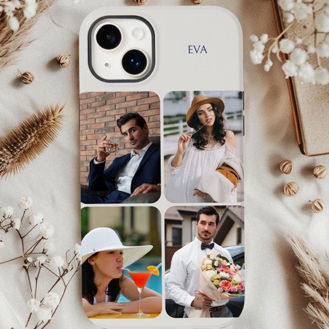 Foto Raster 4 Bilder Name oder Einleitung Neutral Case-Mate iPhone Hülle (Natural personalized iphone case with 4 picture photo collage by Darling & May)