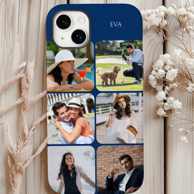 Foto-Raster 6 Bilder Name oder Anfangsbuchstaben B Case-Mate iPhone Hülle (Blue personalized iphone case with 6 picture photo collage by Darling & May)