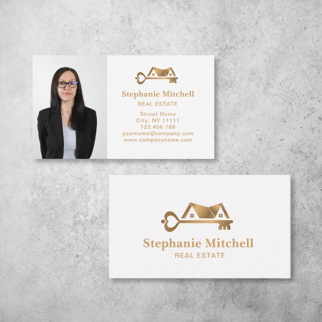 Foto Real Anwesen Realtor Key House Gold einfügen Visitenkarte (gold house and key real estate logo design business card)