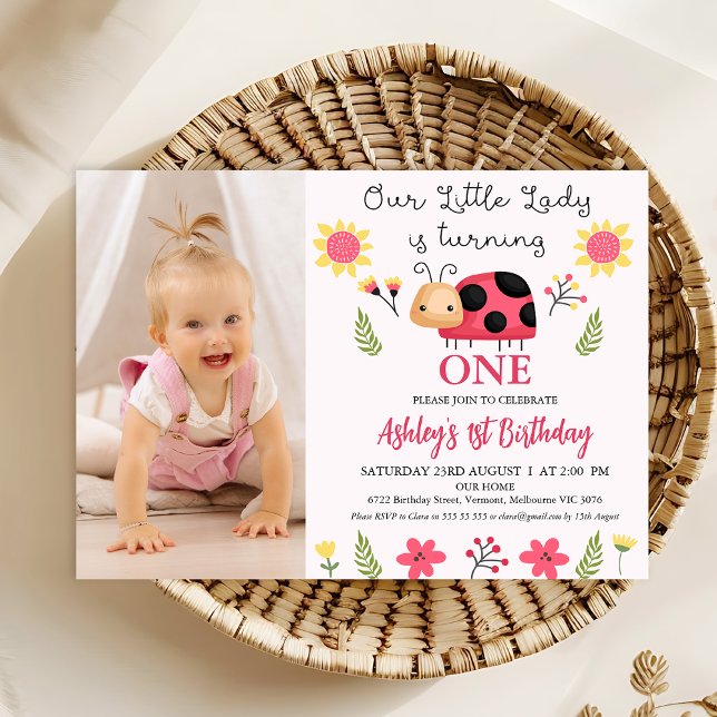 Foto Red Black Little Ladybug 1. Geburtstag Einladung (Girls Ladybug Themed 1st Birthday Invitation Template With Photo, Cute Ladybug Birthday Invitation)