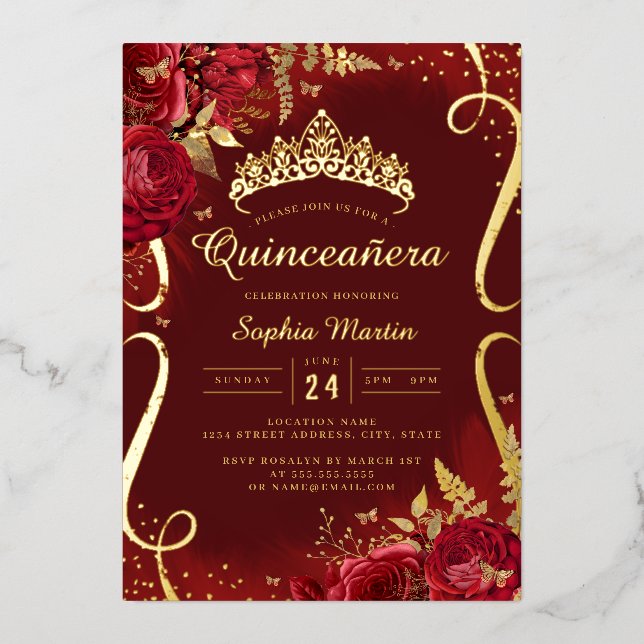 Foto Red Gold Floral Scroll Quinceanera Folieneinladung (Vorderseite)