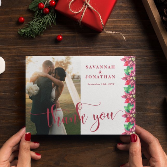 Foto Red Poinsettia Holiday Wedding Dankeskarte (Von Creator hochgeladen)
