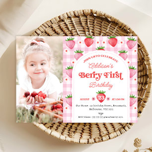 Foto Red Strawberry Berry Sweet 1. Geburtstag Einladung