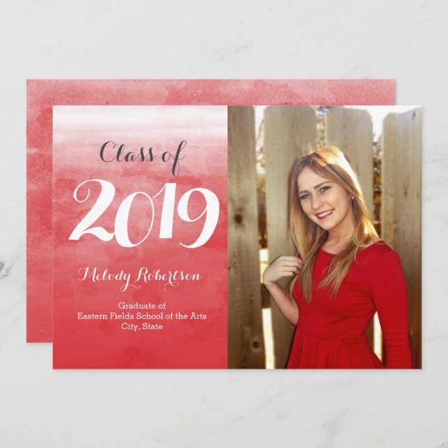 Foto Red Watercolor Class of 2019 Abschluss Einladung (Vorne/Hinten)