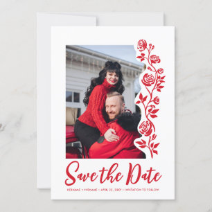 Foto Red White Hand Rose QR-Code Website Save The Date