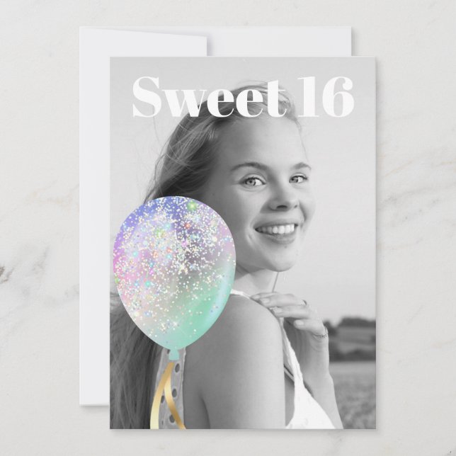 * FOTO Regenbogen Sweet 16 Ballon AP29 Geburtstag Einladung (Vorderseite)