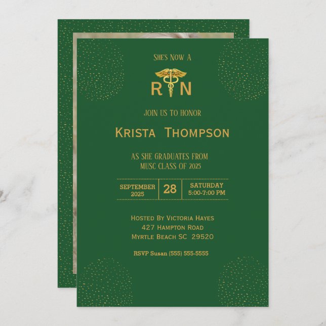 Foto Registriert Krankenschwester Abschluss Green  Einladung (Vorne/Hinten)