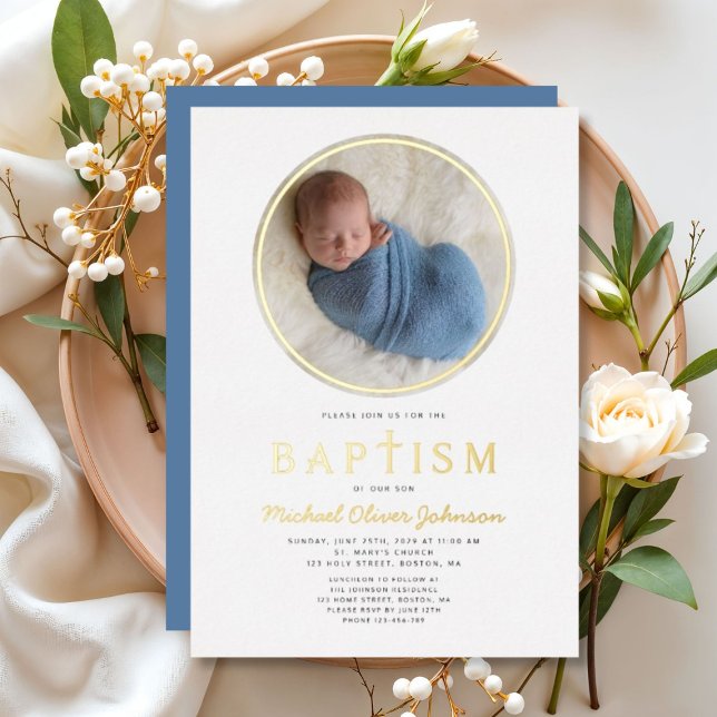 Foto Religiöse Cross Boy Taufe Gold Folieneinladung (Photo Religious Cross Boy Baptism Gold Foil Invitation)