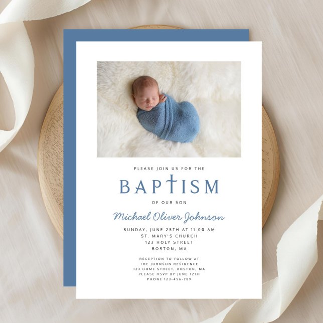 Foto Religious Cross Blue Boy Taufe Einladung (Photo Religious Cross Blue Boy Baptism Invitation)