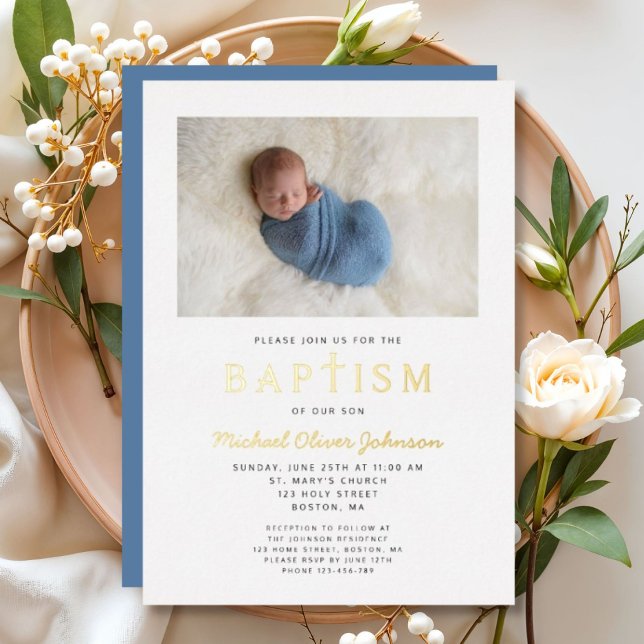 Foto Religious Cross Blue Boy Taufe Gold Folieneinladung (Photo Religious Cross Blue Boy Baptism Gold Foil Invitation)