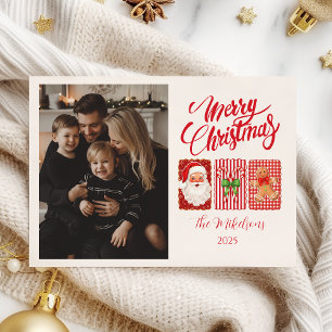 Foto Retro Gingham Weihnachtsmann Lebkuchen Weihna Feiertagskarte