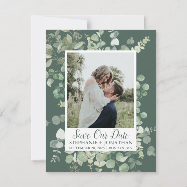 Foto Rette unser Datum mit grünem Eukalyptus-Rahme Save The Date (Vorderseite)