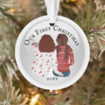 FOTO romantic Ornament<br><div class="desc">Celebrate your first Christmas together with this adorable illustration of a caucasian brunette and red haired paar with pigtails and shoulder length hair sitting with their backs to you wearing ugly Xmas sweaters and drinking hot chocolate. The words, our first Christmas followed by the year, appear on the front and...</div>