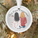 FOTO romantic Ornament<br><div class="desc">Celebrate your first Christmas together with this adorable illustration of a black hair and strawberry blonde paar with long and shoulder length hair sitting with their backs to you wearing ugly Xmas sweaters and drinking hot chocolate. The words, our first Christmas followed by the year, appear on the front and...</div>