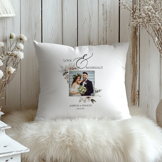 Foto Romantische Hochzeit mit floralen Wasserfarbe Kissen (Photo Romantic Floral Watercolor Wedding Throw Pillow)