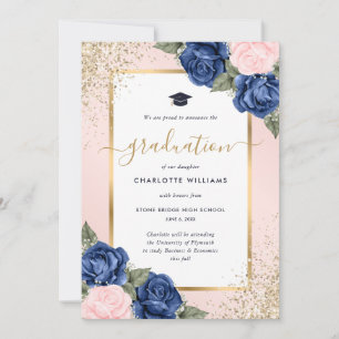 Foto Rosa Blau Floral Gold Moderne Abschlussfeier Ankündigung