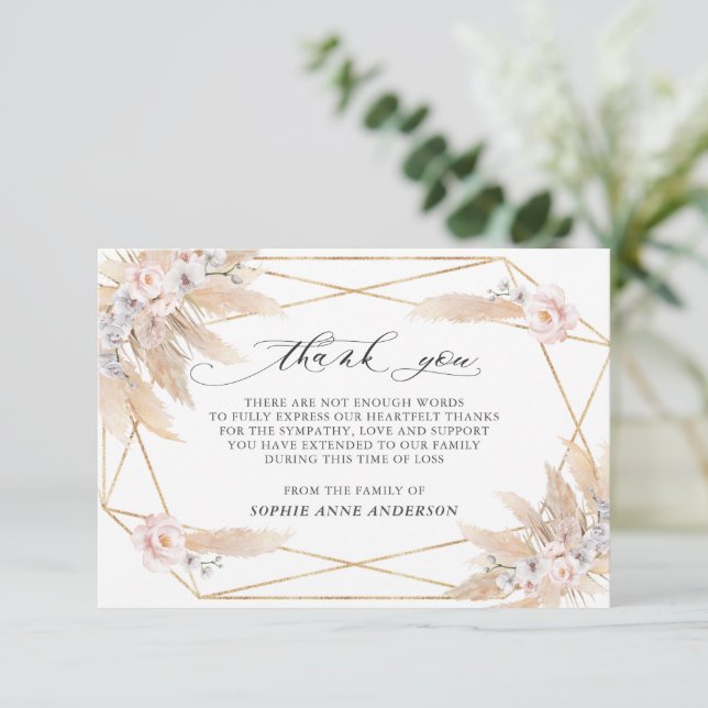 Foto Rosa Blumenpampas Gras in Liebe Erinnerung Dankeskarte (Stehend Vorderseite)