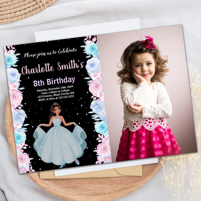 Foto Rosa BlumenPrinzessin Geburtstagseinladungen Einladung (Photo Pink Floral Princess Birthday Invitations)