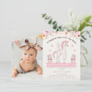 Foto Rosa Creme Einhorn Magischer Tag 1. Geburtsta Einladung