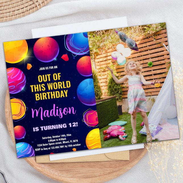 Foto Rosa Lila Weltraum Geburtstagseinladungen Einladung (Photo Pink Purple Outer Space Birthday Invitations)