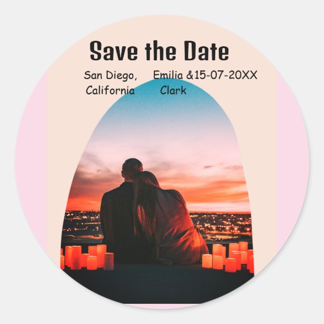 Foto rosa rusti boho Save the Date QR Runder Aufkleber (Vorderseite)
