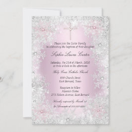 Foto Rosa Silberschneeflocken Taufkreuz Girl Einladung