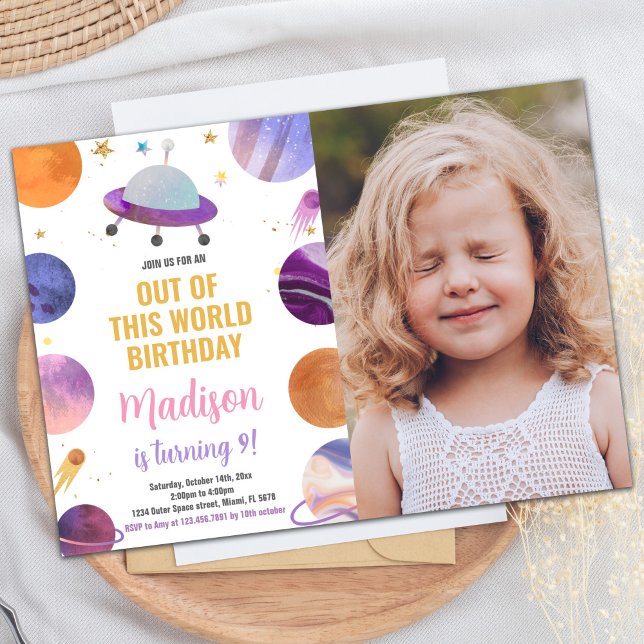 Foto Rosa Weltraum Geburtstagseinladungen Einladung (Photo Pink Outer Space Birthday Invitations)
