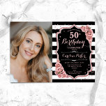 Foto Rose Gold Black 50. Geburtstag Einladung<br><div class="desc">Elegante Blumenladen zum 50. Geburtstag mit Ihrem Foto. Glam schwarz rosa Design mit Imitaten Glitzer Rose Gold. Schwarz-weiße Streifen, Rosen in Rosatönen, Schriftart und Konfetti. Ideal für ein stilvolles Party für Erwachsene. Personalisieren Sie Ihre persönlichen Daten. Kann für jedes Alter angepasst werden! Gedruckte Zazzle Einladungen oder Sofortdownload digitalen druckbaren Vorlage....</div>