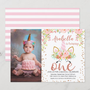 Foto Rose Gold Einhorn 1. Geburtstag Einladung