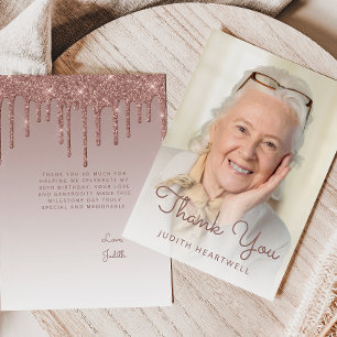 Foto Rose Gold Glitter Tropfen 80. Geburtstag Dankeskarte