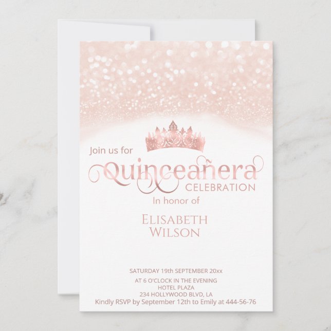 Foto Rose Gold glittery tiara Quinceañera Einladung (Vorderseite)