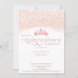Foto Rose Gold glittery tiara Quinceañera Einladung