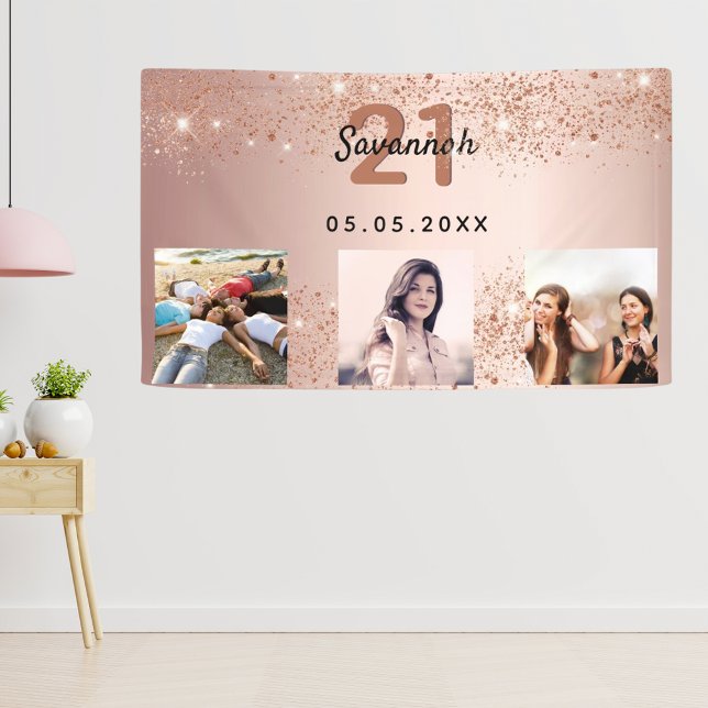 Foto Rose Gold Glitzer Geburtstag Begrüßung Banner (Von Creator hochgeladen)