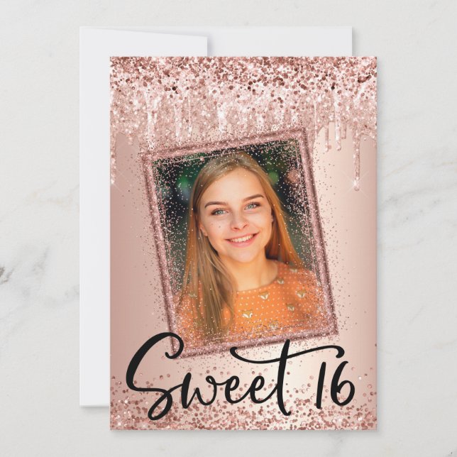 Foto Rose Gold Glitzer Tropfen Girly Modern Sweet  Einladung (Vorderseite)