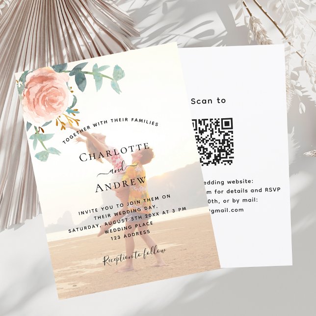Foto Rose Goldblumengrün QR UAWG Hochzeit Einladung (Von Creator hochgeladen)