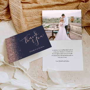Foto Roségold Glitter Blau Hochzeit Danke Karte