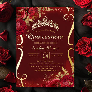 Foto Rot Gold Florales Scroll Quinceanera  Folieneinladung
