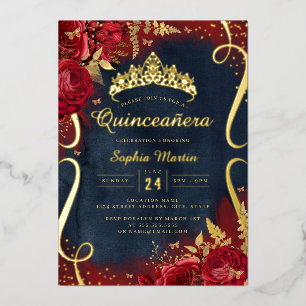 Foto Rot Gold Navy Floral Scroll Quinceanera  Folieneinladung