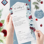 Foto, Rot und Blau Hochzeit mit Perforated UAWG All In One Einladung<br><div class="desc">Freuen Sie sich auf dieses elegante, blumengeschmückte All-in-One-Foto mit einer Hochzeitsveranstaltung mit perforiertem UAWG. Umweltfreundliche Einladung, da keine zusätzlichen Beilagen, RSVP-Karten oder UAWG-Umschläge nötig sind, diese Einladung hat alles! Die Möglichkeit, sowohl Hochzeitsfeier und Empfang Details hinzuzufügen, als auch UAWG postcard bereit für die Gäste zu füllen und zu schicken! Ein...</div>