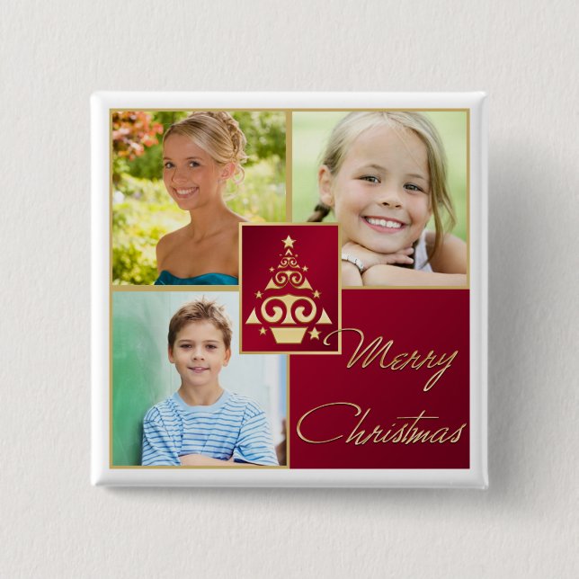 Foto Rot, Weiß, Gold Weihnachtsbaum Button (Vorderseite)