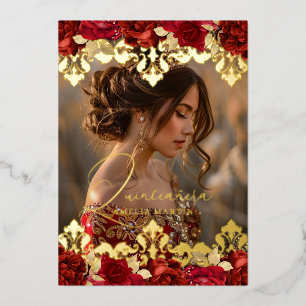 Foto rote Rose Gold Damast Blumen Quinceanera Folieneinladung