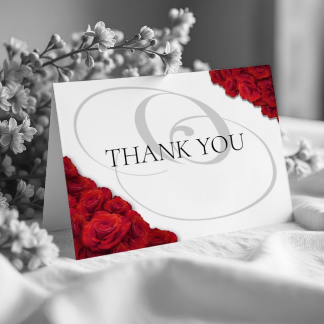 Foto Rote Rosen Foto Hochzeit Dankeskarte (Classic Red Roses Photo Wedding Thank You Card Front)