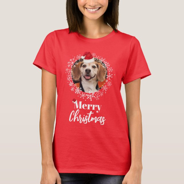 Foto Rote Weihnachtsmannmütze Schneeflocken Frohe  T-Shirt (Vorderseite)