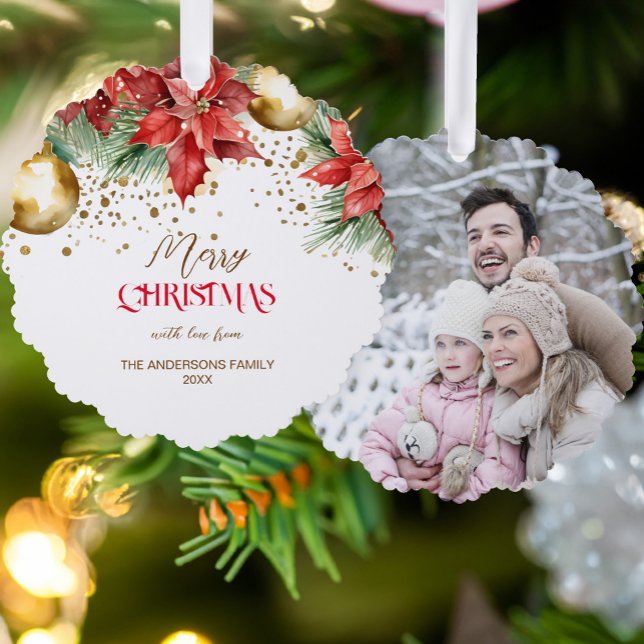 Foto Rotes Gold Poinsettia Weihnachten Einzigartig Ornament Karte (Photo red gold poinsettia Christmas unique Ornament Card elegant Christmas greeting cards)