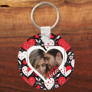 Foto "Rotes, Schwarzes und Weiß Herz und Blume" Schlüsselanhänger